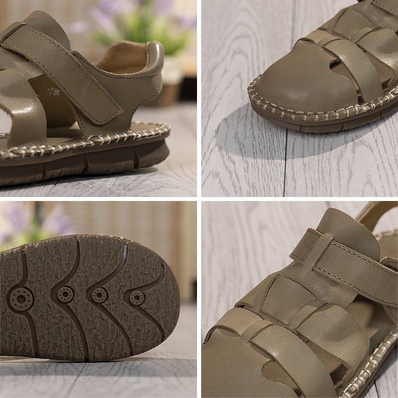 Genuine Leather Gladiator Sandals Summer Breathable Velcro Flat Shoes in Beige/Khaki/Coffee - Image 10