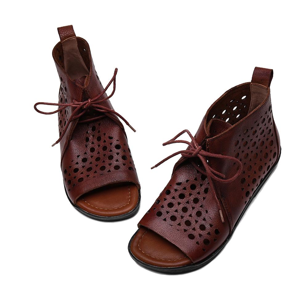 Handmade Retro Leather Lace Up Summer Sandals For Women Open Toe Coffee/Black/CoffeeNew/BlackNew - Image 4