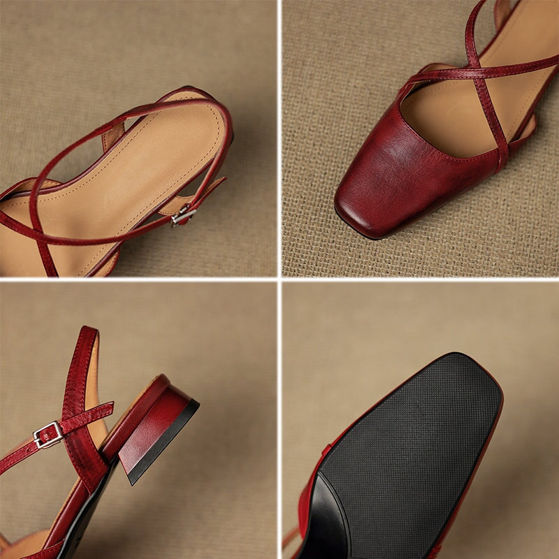 Handmade Vintage Leather Cross Straps Slingback Sandals in Apricot/Purple/Wine Red - Image 10