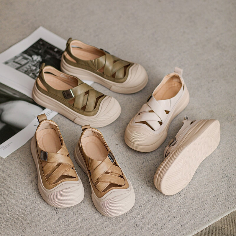 Platform Hollow-Out Low-top Roman Sandals Cow Leather Fisherman Shoes in Beige/Yellow/Green - Image 7