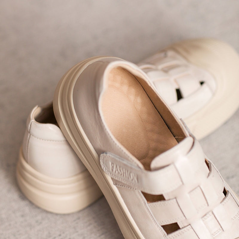 Platform Cow Leather Hollow-Out Roman Fisherman Sandals with Velcro in Beige/Yellow/Taro Color - Image 10