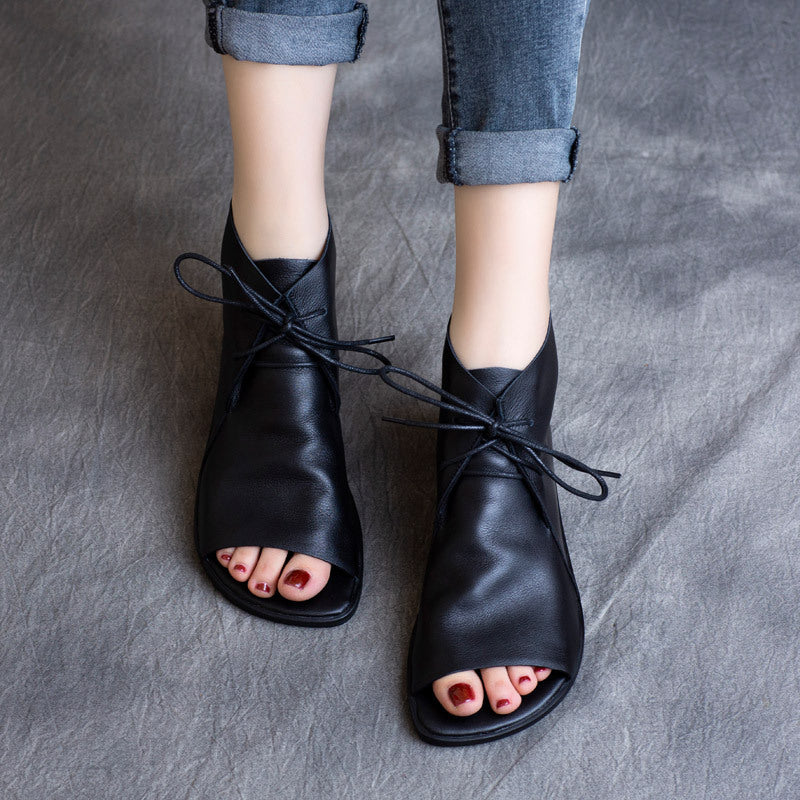 Handmade Retro Leather Lace Up Summer Sandals For Women Open Toe Coffee/Black/CoffeeNew/BlackNew - Image 10