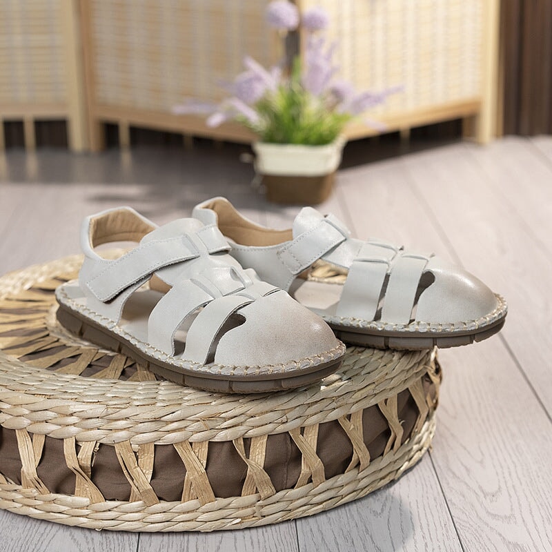 Genuine Leather Gladiator Sandals Summer Breathable Velcro Flat Shoes in Beige/Khaki/Coffee
