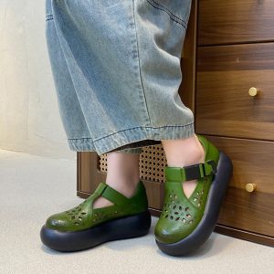 Mori Girl Style Hollow Out Soft Leather T-Strap Platform Shoes for Women with Buckle in Black/Green/Brown