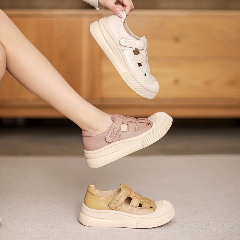 Platform Cow Leather Hollow-Out Roman Fisherman Sandals with Velcro in Beige/Yellow/Taro Color - Image 4