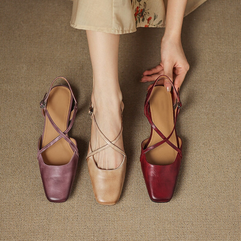 Handmade Vintage Leather Cross Straps Slingback Sandals in Apricot/Purple/Wine Red - Image 3