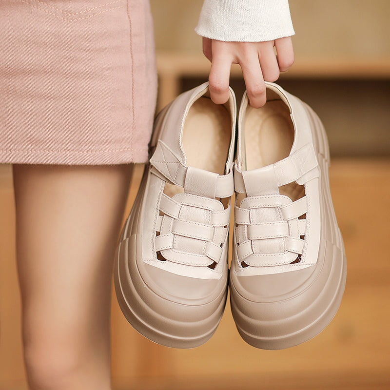 50mm Platform Cow Leather Hollow-Out Roman Fisherman Sandals with Velcro in Beige/Yellow/Green - Image 2