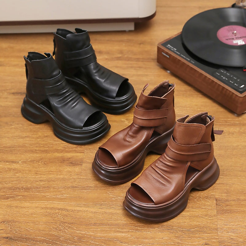 Handmade Leather Light Platform Sandals For Women Mori Girl Style in Black/Brown - Image 4