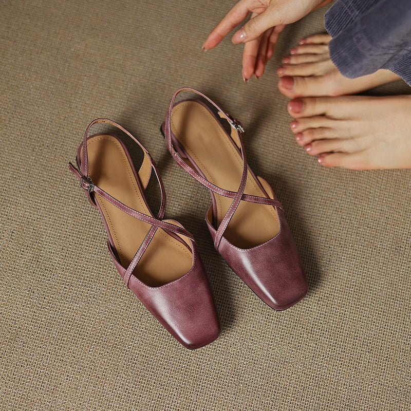 Handmade Vintage Leather Cross Straps Slingback Sandals in Apricot/Purple/Wine Red - Image 5
