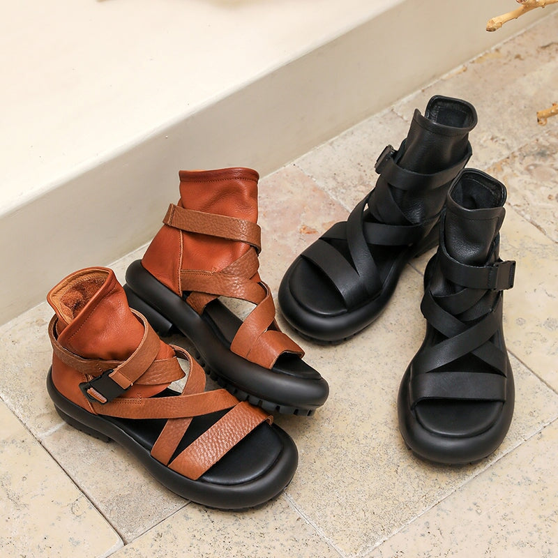 Leather Chunky Gladiator Sandals Boots Peep Toe in Black/Brown - Image 5