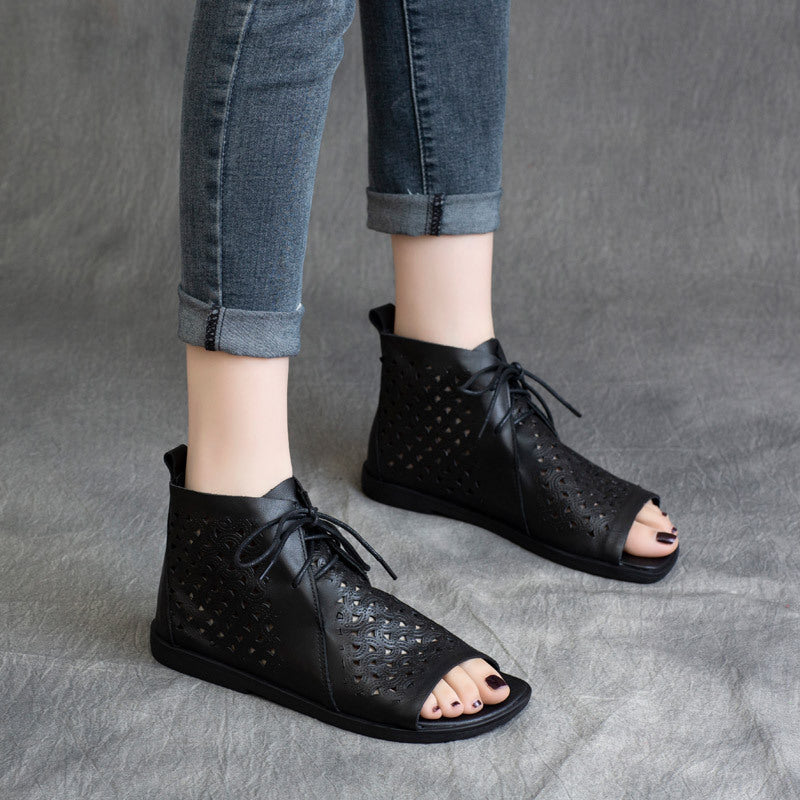 Handmade Retro Leather Lace Up Summer Sandals For Women Open Toe Coffee/Black/CoffeeNew/BlackNew - Image 6