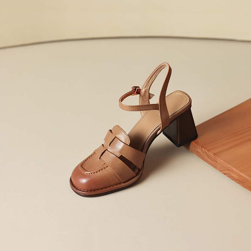 Classic French Style Block Heels Women Leather Gladiator Sandals in Coffee/Brown - Image 7