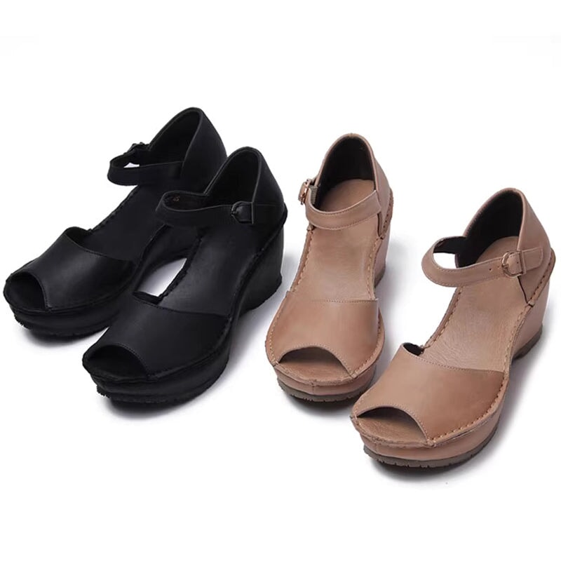 Handmade Leather Wedges Sandals Ankle Strap Peep Toe in Black/Khaki/Brown - Image 4