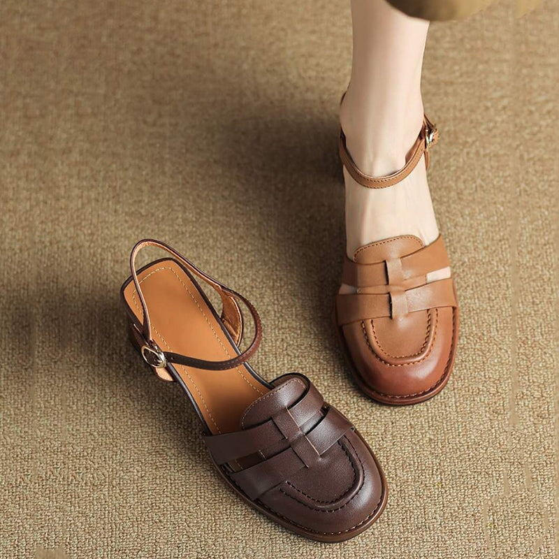 Classic French Style Block Heels Women Leather Gladiator Sandals in Coffee/Brown - Image 2