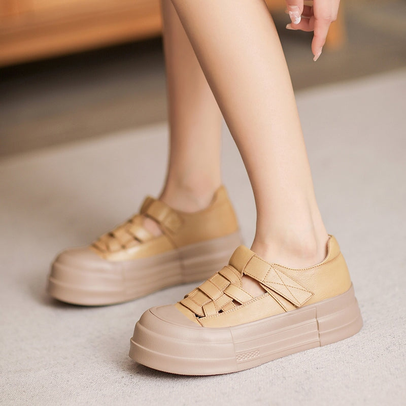 50mm Platform Cow Leather Hollow-Out Roman Fisherman Sandals with Velcro in Beige/Yellow/Green - Image 6