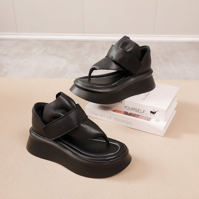 Cow Leather Platform Flip-Flop Sandals with Velcro Strap 55mm Thick Sole in Black - Image 4