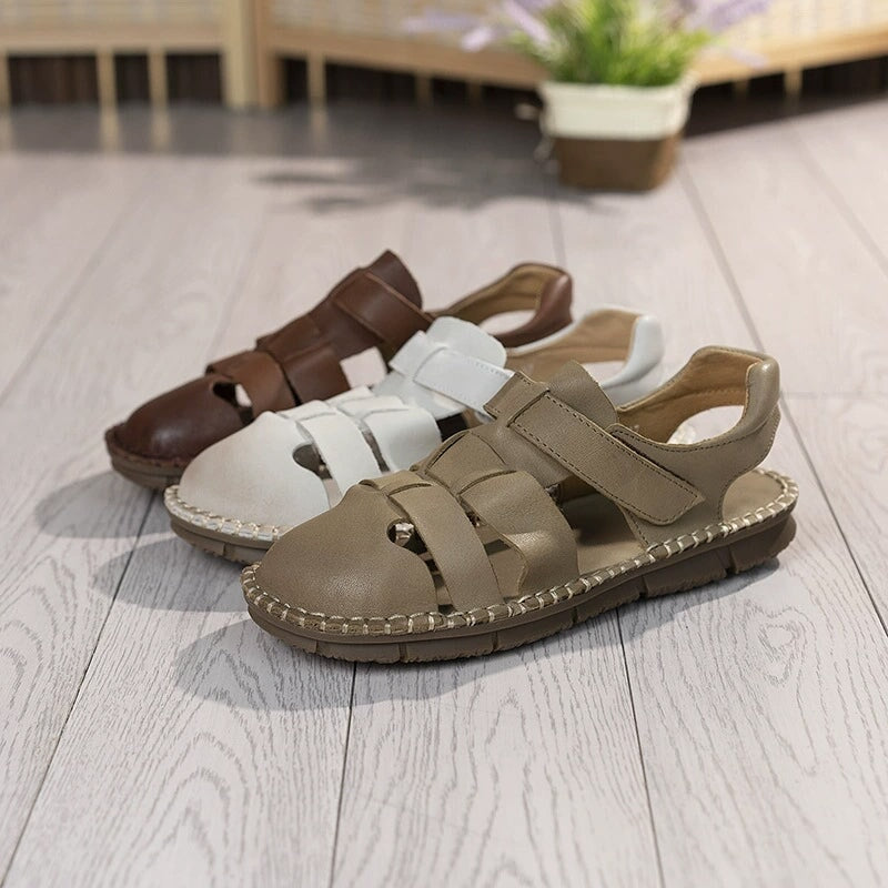 Genuine Leather Gladiator Sandals Summer Breathable Velcro Flat Shoes in Beige/Khaki/Coffee - Image 5
