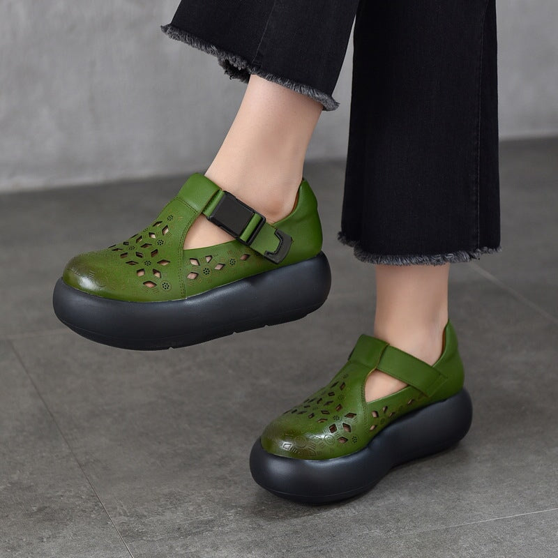 Mori Girl Style Hollow Out Soft Leather T-Strap Platform Shoes for Women with Buckle in Black/Green/Brown - Image 6