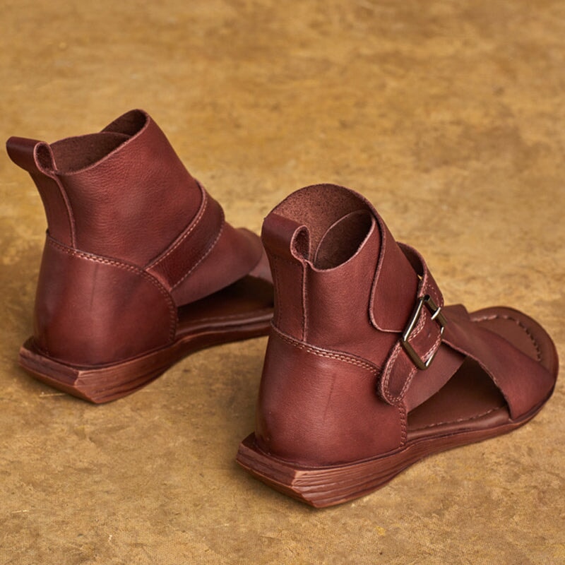 Handmade Leather Peep Toe Roman Flat Sandals Gladiator Boots with Buckle in Black/Coffee - Image 8