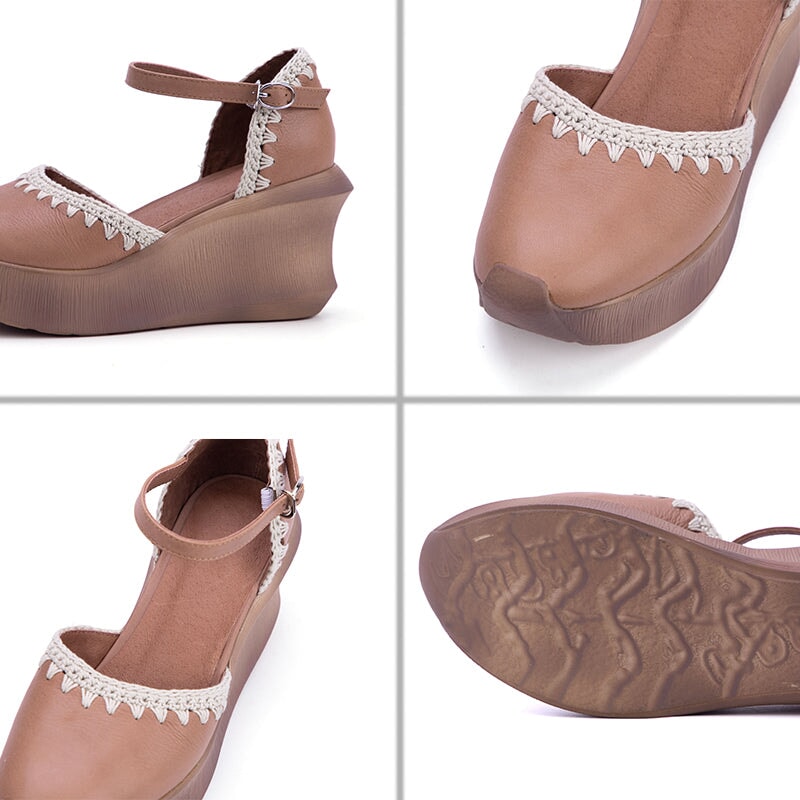 Handmade Cow Leather 90mm Heel Wedge Platform Sandals in White/Blue/Brown - Image 8