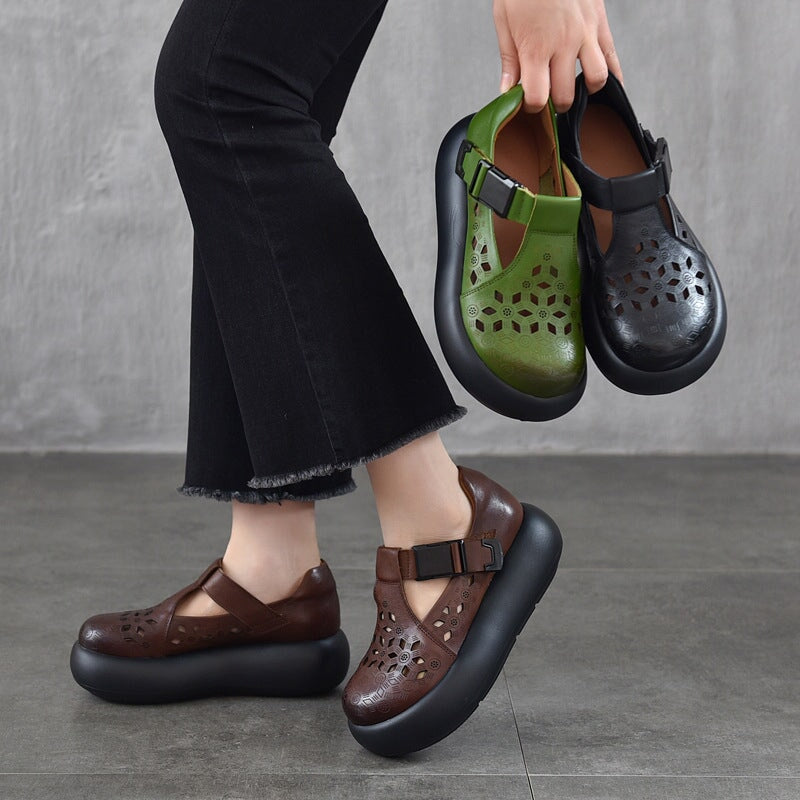 Mori Girl Style Hollow Out Soft Leather T-Strap Platform Shoes for Women with Buckle in Black/Green/Brown - Image 10