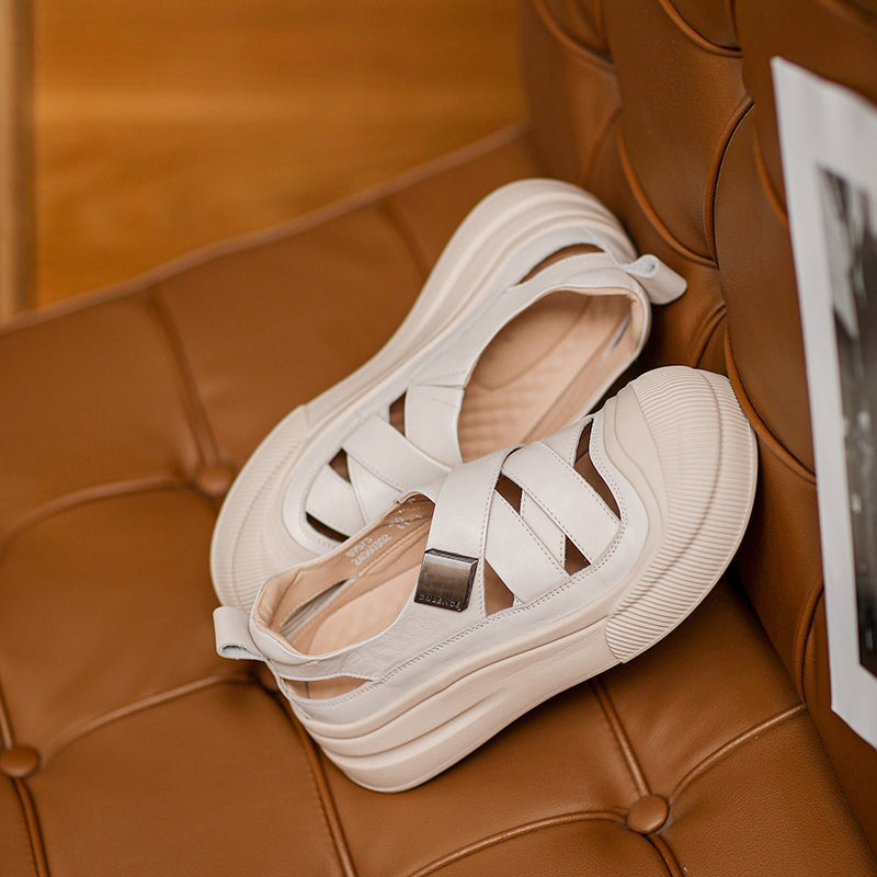 Platform Hollow-Out Low-top Roman Sandals Cow Leather Fisherman Shoes in Beige/Yellow/Green - Image 8