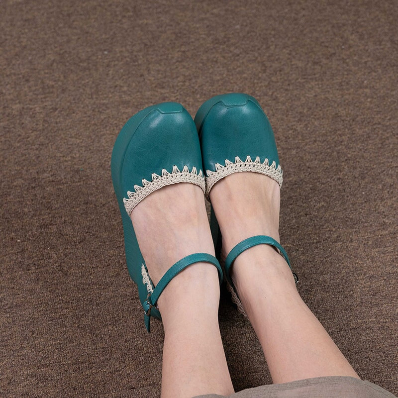 Handmade Cow Leather 90mm Heel Wedge Platform Sandals in White/Blue/Brown - Image 4