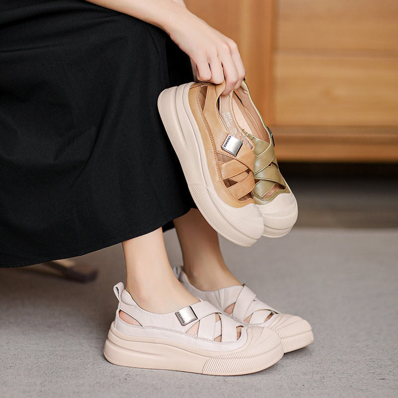 Platform Hollow-Out Low-top Roman Sandals Cow Leather Fisherman Shoes in Beige/Yellow/Green - Image 2