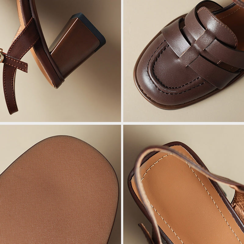 Classic French Style Block Heels Women Leather Gladiator Sandals in Coffee/Brown - Image 6