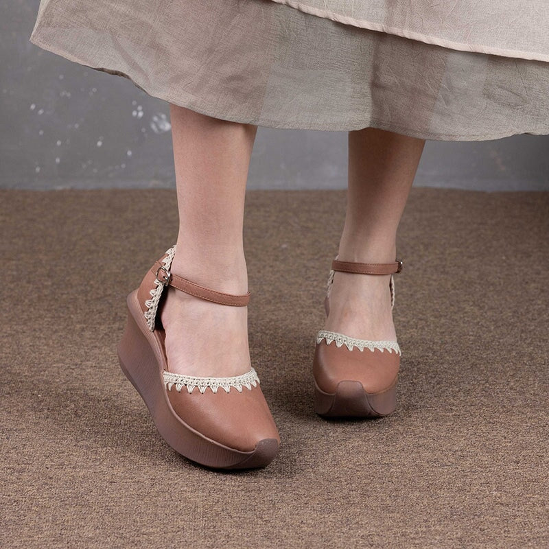 Handmade Cow Leather 90mm Heel Wedge Platform Sandals in White/Blue/Brown - Image 5