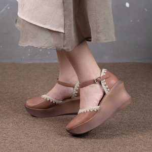 Handmade Cow Leather 90mm Heel Wedge Platform Sandals in White/Blue/Brown