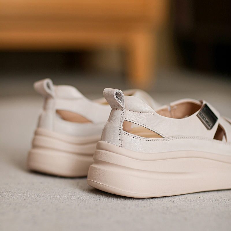 Platform Hollow-Out Low-top Roman Sandals Cow Leather Fisherman Shoes in Beige/Yellow/Green - Image 9