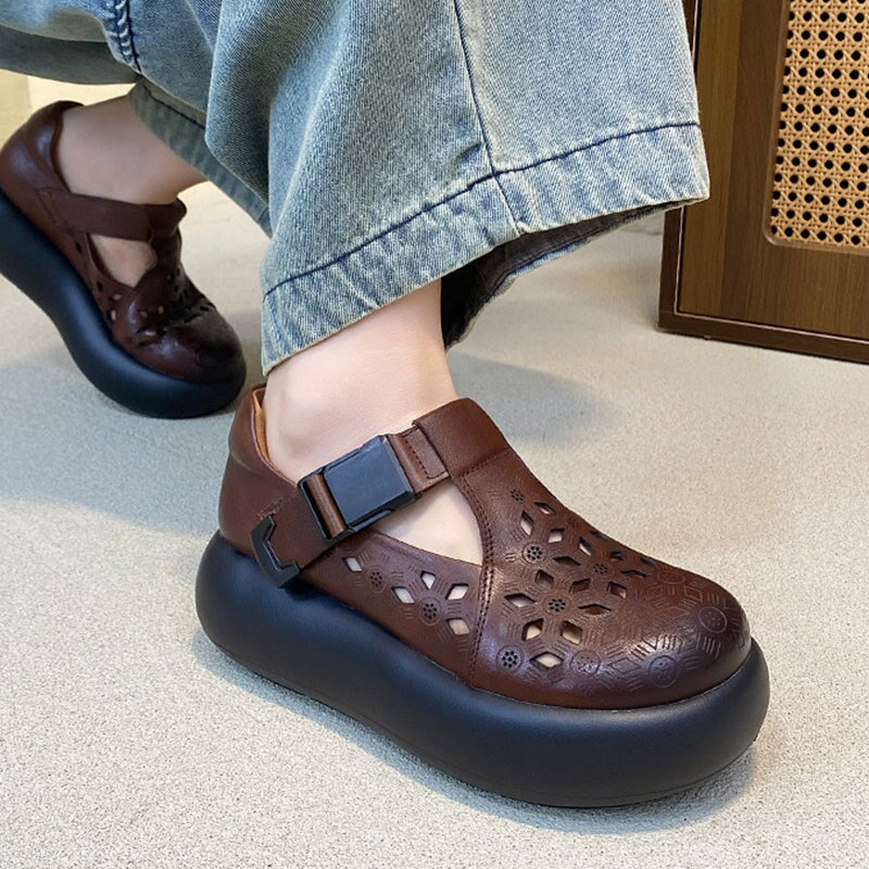 Mori Girl Style Hollow Out Soft Leather T-Strap Platform Shoes for Women with Buckle in Black/Green/Brown - Image 4