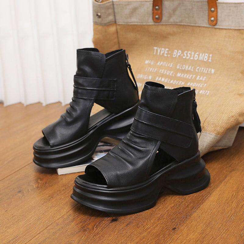 Handmade Leather Light Platform Sandals For Women Mori Girl Style in Black/Brown - Image 5