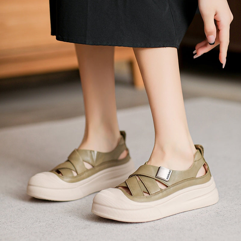 Platform Hollow-Out Low-top Roman Sandals Cow Leather Fisherman Shoes in Beige/Yellow/Green - Image 3