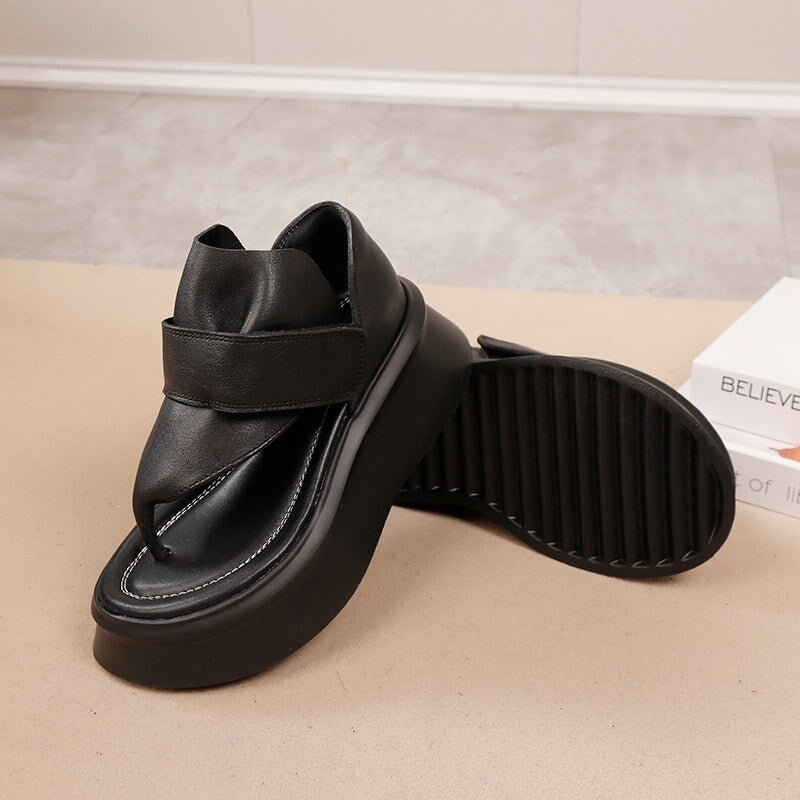Cow Leather Platform Flip-Flop Sandals with Velcro Strap 55mm Thick Sole in Black - Image 8