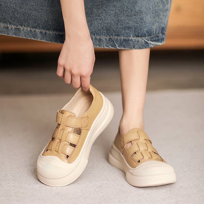 Platform Cow Leather Hollow-Out Roman Fisherman Sandals with Velcro in Beige/Yellow/Taro Color - Image 2