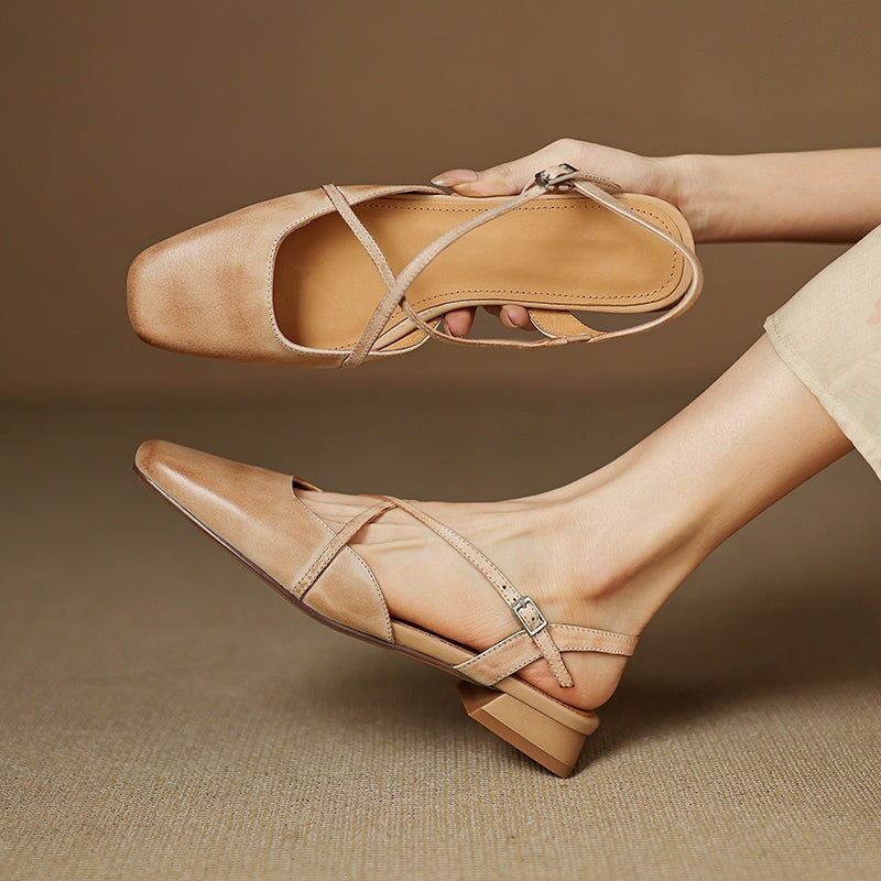 Handmade Vintage Leather Cross Straps Slingback Sandals in Apricot/Purple/Wine Red - Image 4