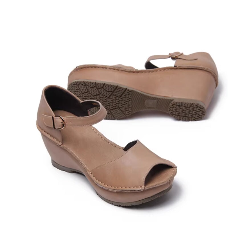 Handmade Leather Wedges Sandals Ankle Strap Peep Toe in Black/Khaki/Brown - Image 8