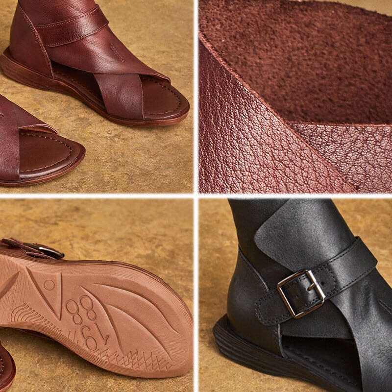 Handmade Leather Peep Toe Roman Flat Sandals Gladiator Boots with Buckle in Black/Coffee - Image 9