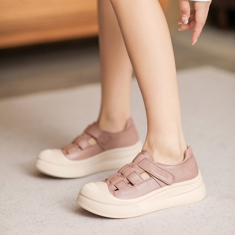 Platform Cow Leather Hollow-Out Roman Fisherman Sandals with Velcro in Beige/Yellow/Taro Color - Image 3