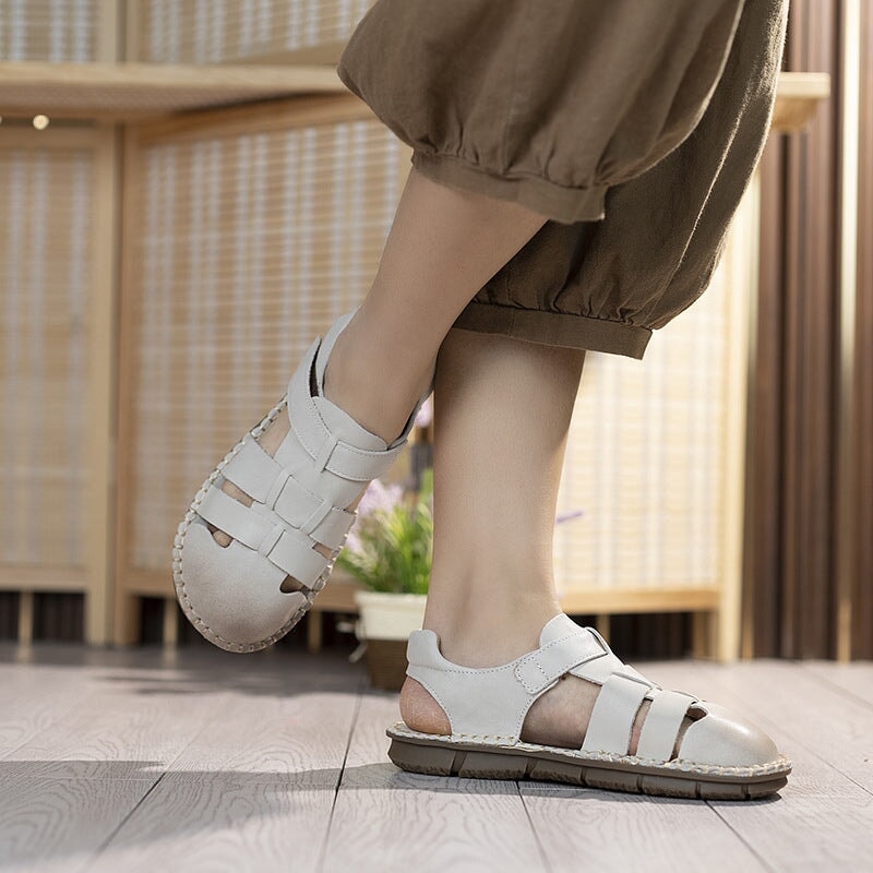 Genuine Leather Gladiator Sandals Summer Breathable Velcro Flat Shoes in Beige/Khaki/Coffee - Image 3