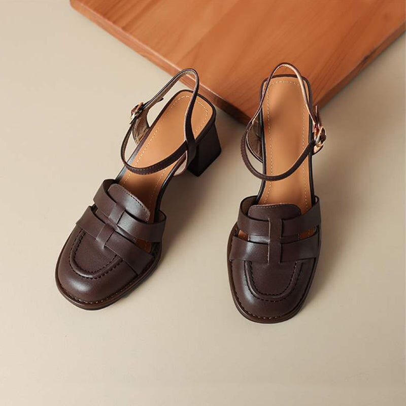 Classic French Style Block Heels Women Leather Gladiator Sandals in Coffee/Brown - Image 4