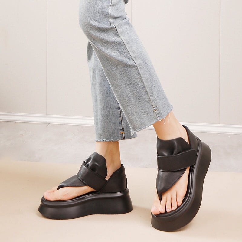 Cow Leather Platform Flip-Flop Sandals with Velcro Strap 55mm Thick Sole in Black - Image 5