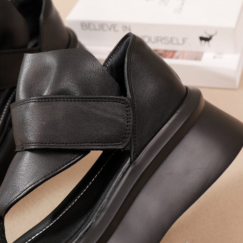 Cow Leather Platform Flip-Flop Sandals with Velcro Strap 55mm Thick Sole in Black - Image 9