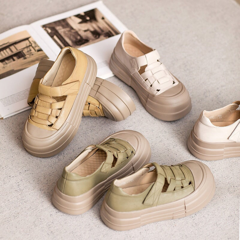 50mm Platform Cow Leather Hollow-Out Roman Fisherman Sandals with Velcro in Beige/Yellow/Green - Image 10