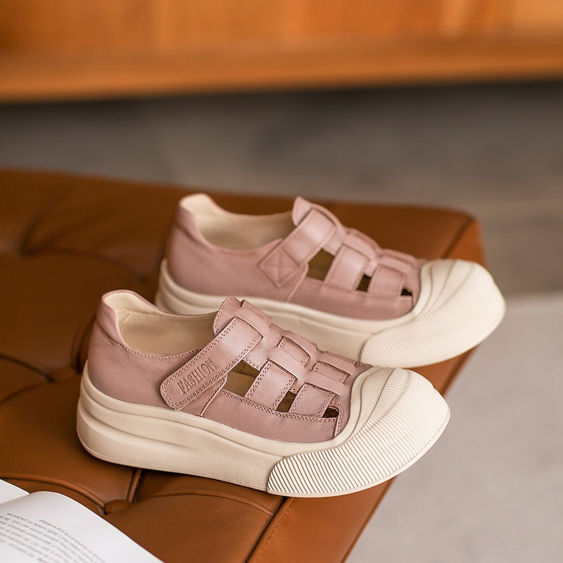 Platform Cow Leather Hollow-Out Roman Fisherman Sandals with Velcro in Beige/Yellow/Taro Color - Image 9