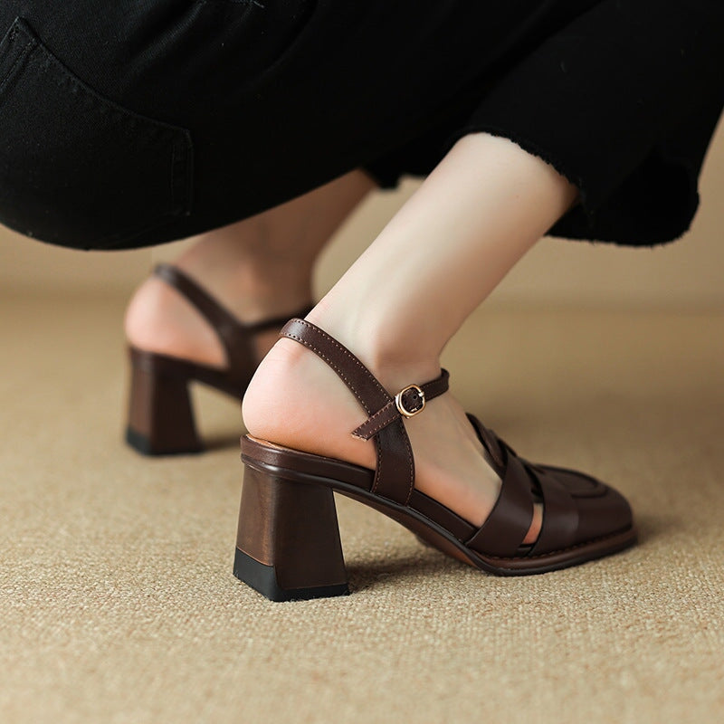 Classic French Style Block Heels Women Leather Gladiator Sandals in Coffee/Brown - Image 3