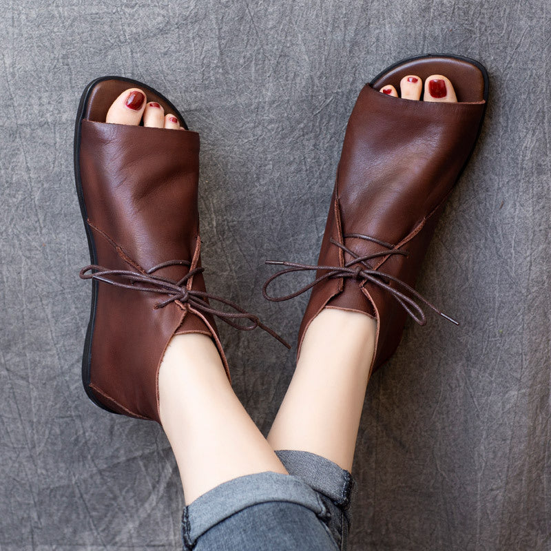 Handmade Retro Leather Lace Up Summer Sandals For Women Open Toe Coffee/Black/CoffeeNew/BlackNew - Image 9