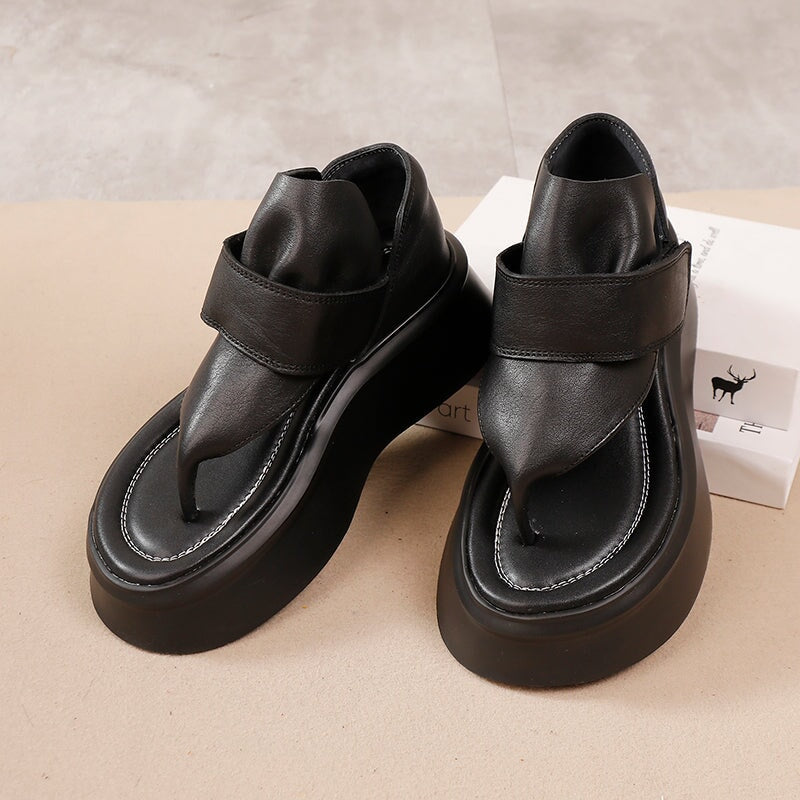 Cow Leather Platform Flip-Flop Sandals with Velcro Strap 55mm Thick Sole in Black - Image 2
